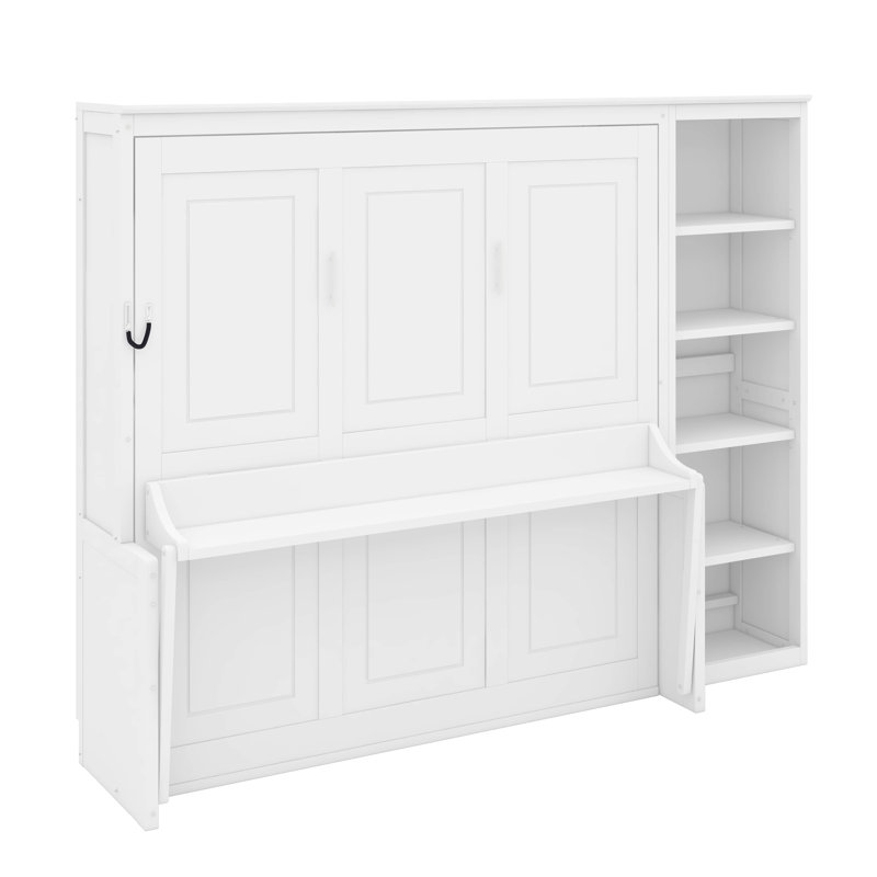 Grand lit escamotable avec bureau et bibliothèque, Blanc, Grand lit