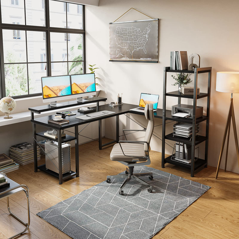 Galini L-Shaped Metal Base Writing Desk, Black