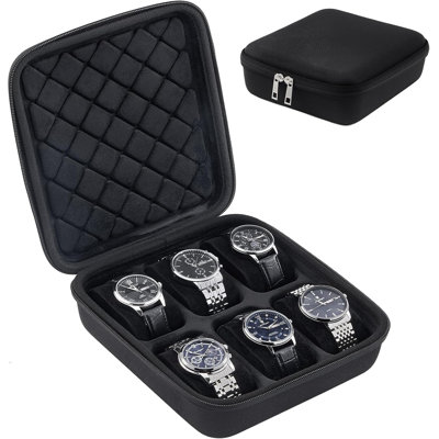 6-Slot Travel Watch Case for Men, Hard Shell Storage Box -Black Travel Watch Box for Watch Bracelet Accessories, Zippered Organizer Bag