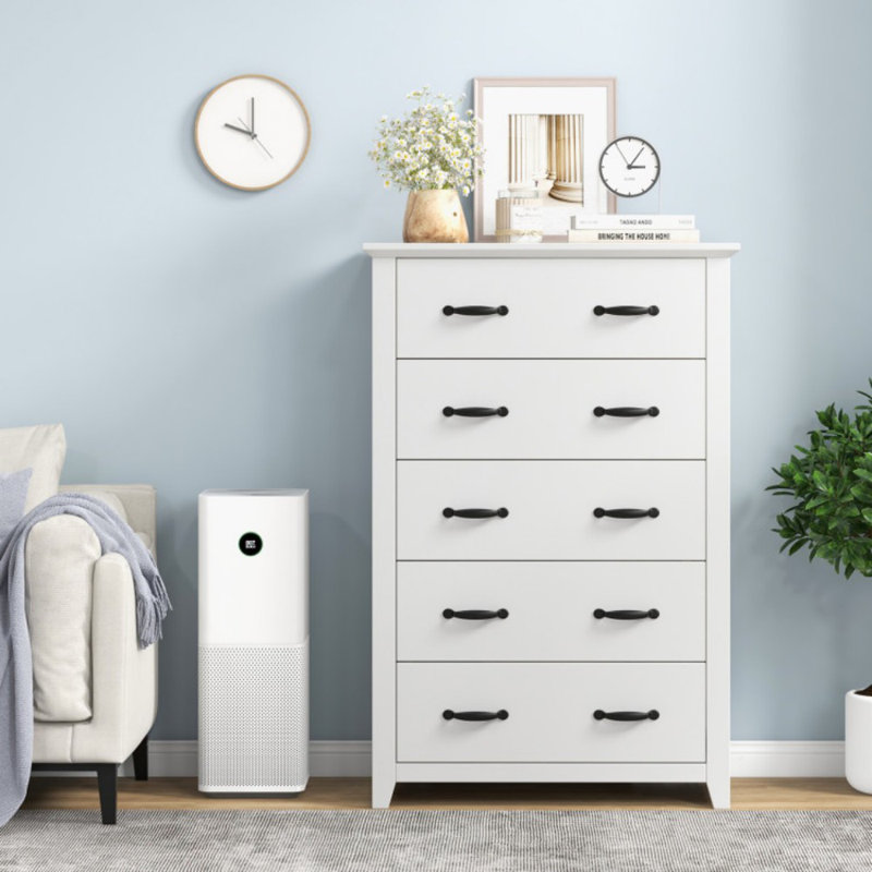Grande commode de rangement avec 5 tiroirs coulissants pour le salon de la chambre à coucher, Blanc