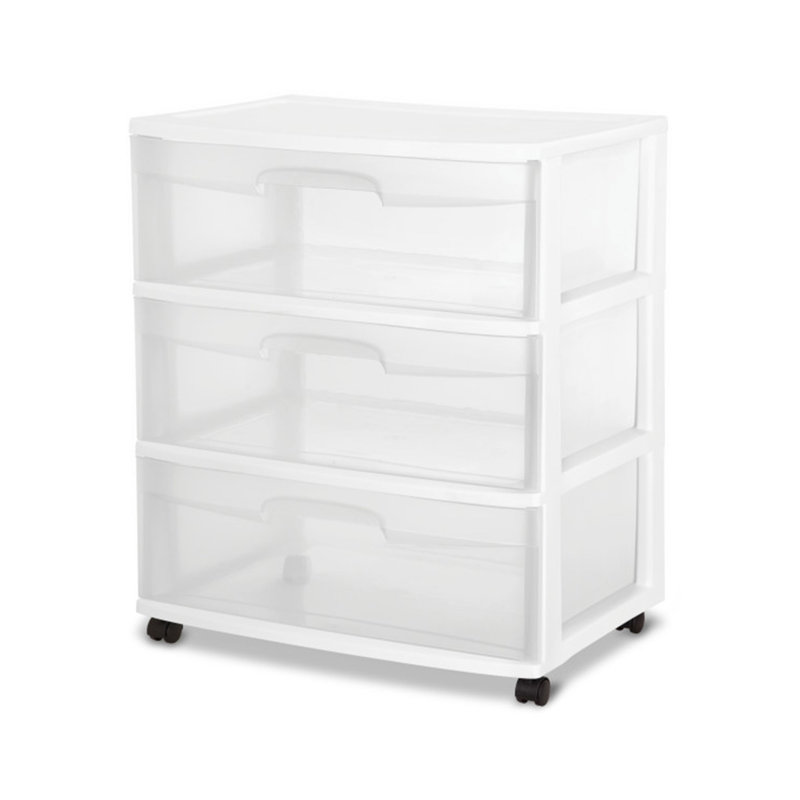 Sterilite Wide 3 Drawer Storage Cart, Rolling Cart with Wheels Organizes Clothes in Bedroom, Closet
