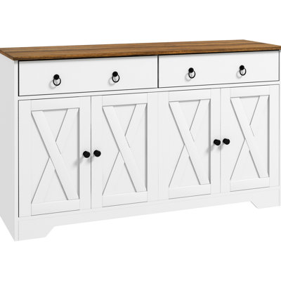 Buffet avec 2 tiroirs, armoires de rangement, 4 portes, tablettes réglables, buffet blanc, plateau à grain de bois