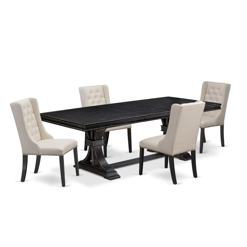 L'ensemble de table de cuisine 5 pièces comprend une table de salle à manger et 4 chaises de salle à manger en tissu de lin crème avec dossier capitonné - noir sablé.