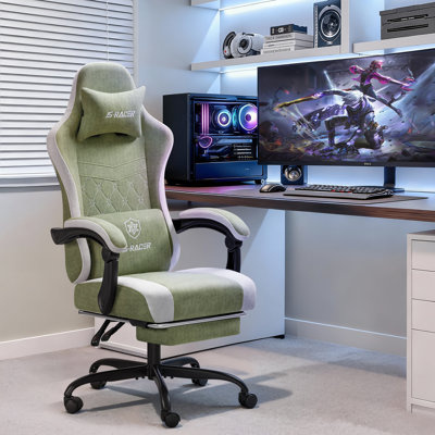 Fauteuil de jeu en tissu avec support lombaire en massage, fauteuil d'ordinateur ergonomique à haut dossier avec repose-pieds, fauteuil de jeu inclinable avec accoudoirs à attaches