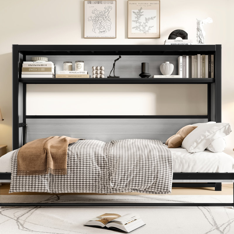 Lit simple gris pliable en métal avec tablettes, structure, peu encombrant, configuration rapide, construction idéale pour les bureaux à domicile