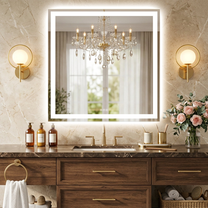 Miroir de salle de bain à DEL à DEL rectangulaire et rétro-éclairé, 36 po x 36 po