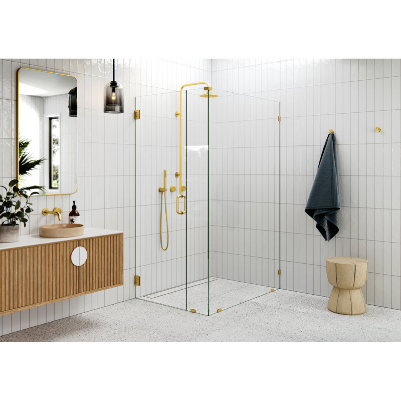 78" H Pivot Frameless Shower Door, Satin Brass