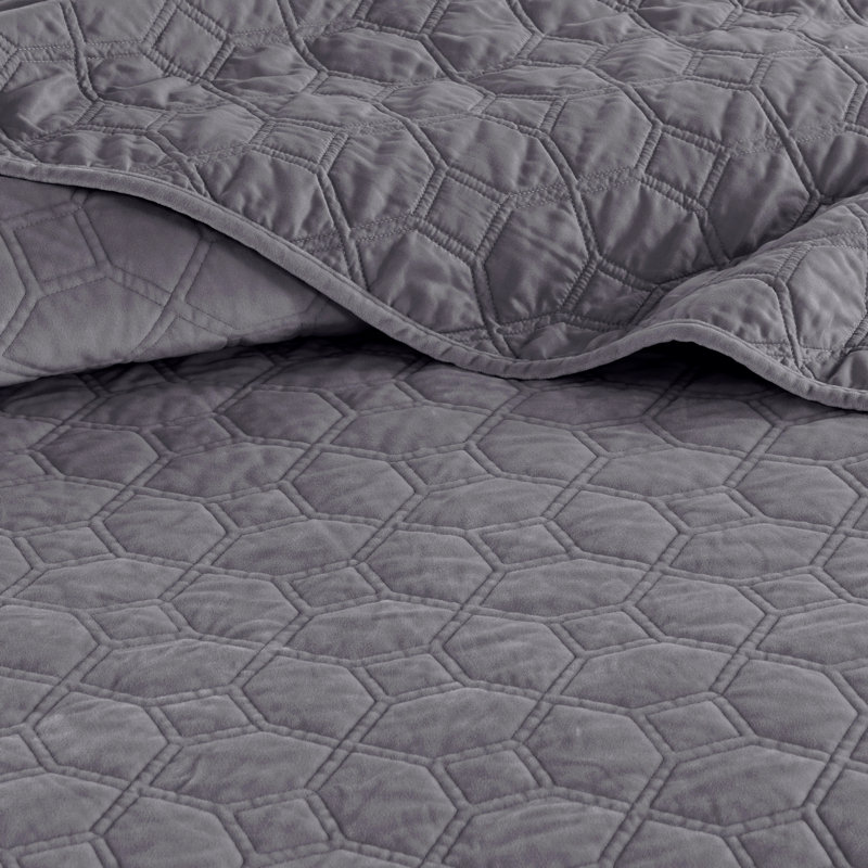 3 Piece Velvet Quilt Set Grey Full/Queen