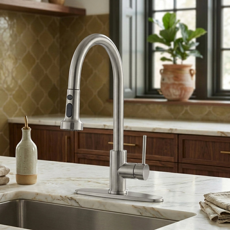Robinet de cuisine à poignée simple TJAD3412, Nickel brossé
