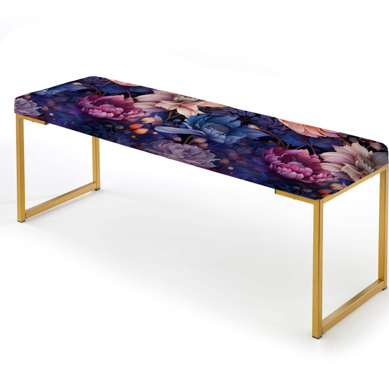 Celestial Blue Peonies Stellar Pure - Floral Upholstered Gold Bench