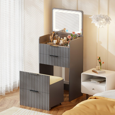 Compact Vanity Desk With Flip-up Led Mirror, Glass Drawer, And Hidden Stool Storage