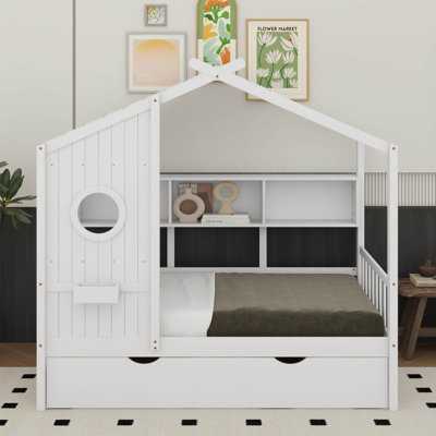 Lit en bois avec tablette de rangement et lit gigogne