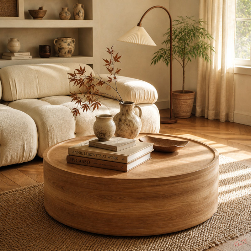 Table basse ronde de 39,37 po avec grain pour le salon, table basse ronde moderne pour le salon, sans assemblage