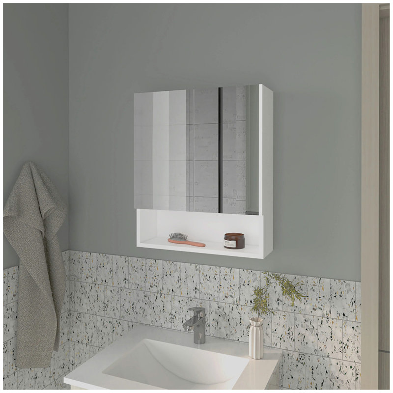 Armoire à pharmacie blanche avec portes en miroir et rangement ouvert