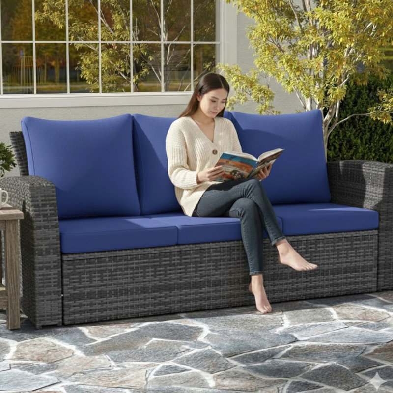 Canapé de patio 67,7 po en osier 3 places avec coussins et structure épais, Bleu