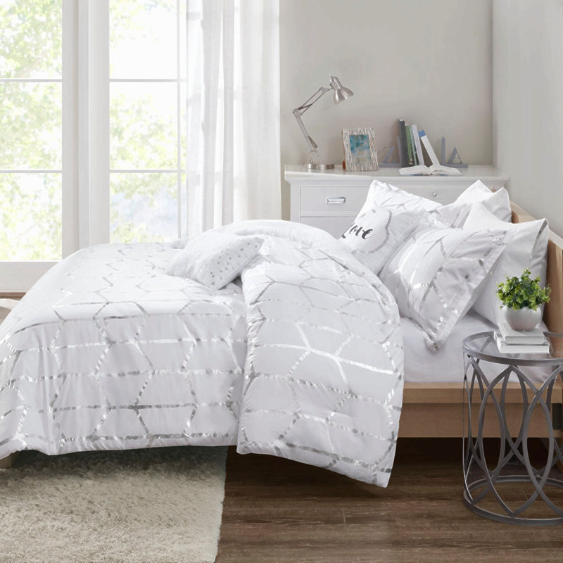 Ensemble de couette imprimée métallisée pour lit double/queen, Argent