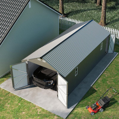 12x25 ft Enclosed Metal Carport with Vertical Steel Roof, Oversized Garage Shed with Hinged Man Door for Full-Size Pickup Trucks, SUVs