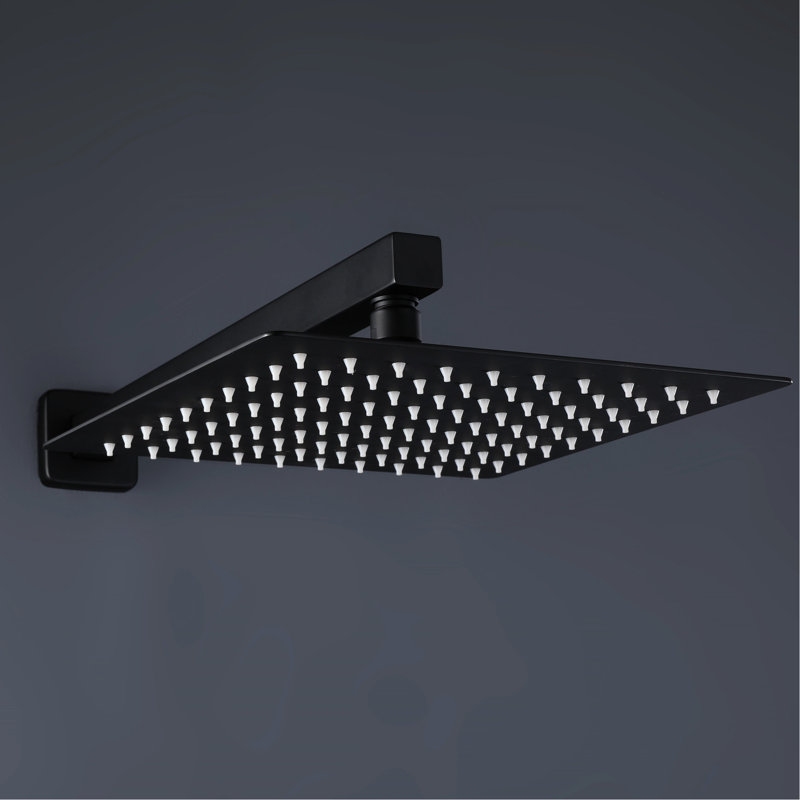 Douche de salle de bain noire matte - système de tête de pluie de 12 po. Robinet mural de luxe. Corps en laiton pour l'eau. Commande à poignée simple. 2 têtes, valve à disque en céramique. Accoudoir de 15,75 po, système de tuyau 59 po avec pluie