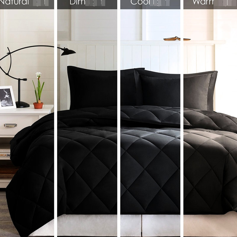 Édredon très grand de 3 m - noir, réversible, matelassage à losanges, duvet synthétique, 2 taies décoratives, antitaches, conception remarquable