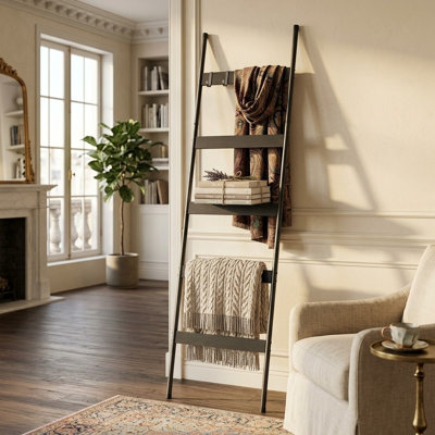 5-Tier Leaning Towel Ladder with Wood Grain & Metal Accents