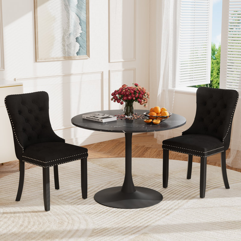 Dining Table Set for 2 with Velvet Upholstered Chairs, Black, Black