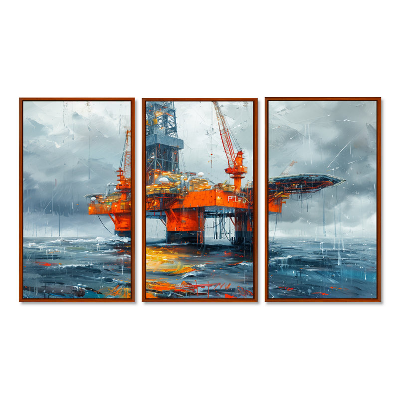 «Grey Orange Summer Oil Rig In Ocean» - ensemble d'art mural de plateformes et champs de pétrole, H 28 po x l 36 po x P 1 po