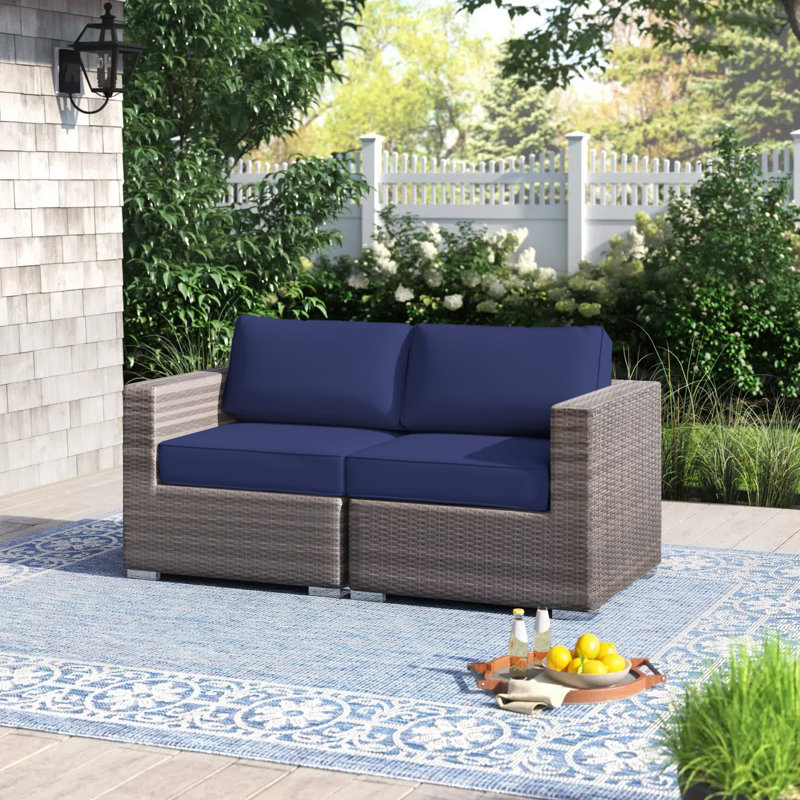Arreola Fully Assembled 66" Wide Outdoor Wicker Loveseat with Cushions, Brown, Sunbrella Navy Blue