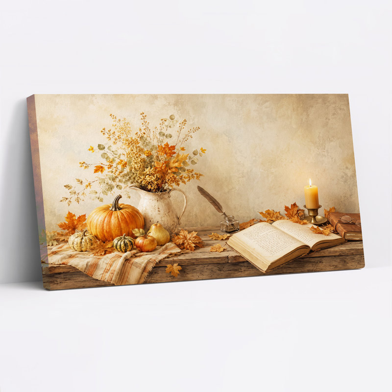 Citrouille orange et fleurs séchées sur toile rustique en bois, art mural d'Halloween, L 46 po x H 24 po