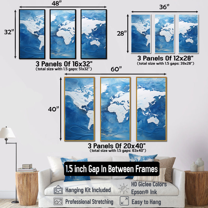 «Majestic Meridians Blue World Map I», ensemble d'art mural sur toile carte du monde, Cadre flottant noir