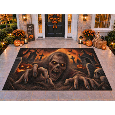 Tapis d'extérieur 5' x 7' motif Halloween Tombe Ghoul Zombie, moquette bouclée en PVC solide et imperméable, tapis de patio robuste, tapis d'intérieur/extérieur à séchage rapide pour porche, terrasse, balcon, entrée.