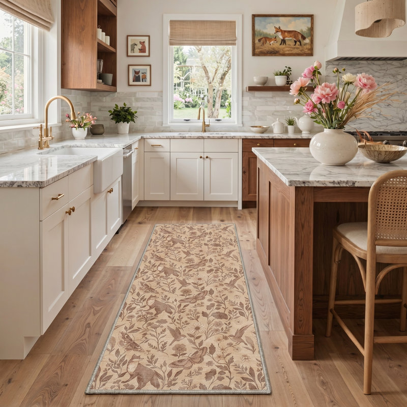 Tapis beige / brun à motif floral rétro avec motif de renard cottagecore, Runner 96 " x 30 "