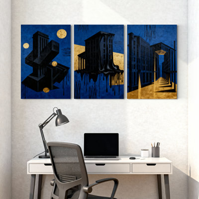Abstrait paysage urbain abstrait avec des bâtiments en fusion et des lunes dorées, ensemble de 3 impressions sur toile