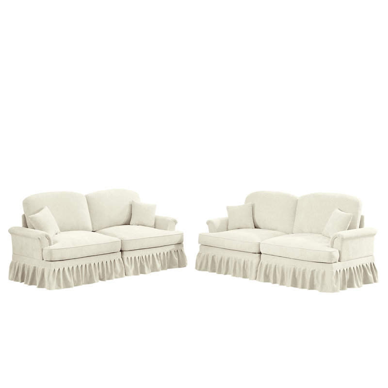 Beige blanc, 2 pièces, accoudoirs évasés en forme de pétale, pieds fuselés, volants détachables, chenille, salon, siège de différents styles, siège, jupes plissées à volants, configurations multiples