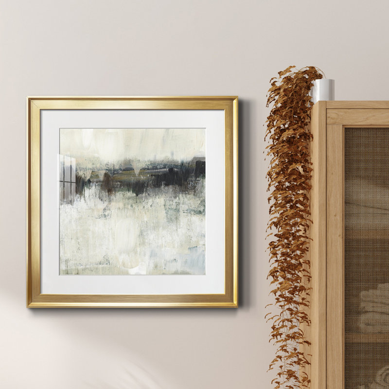 " Neutral Horizon Line I ", 16" H x 16" W x 1" D, Gold Framed Paper, White