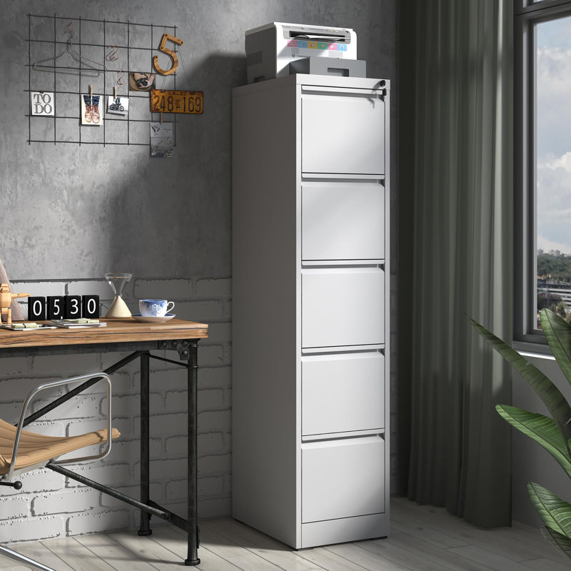 Makeace 15.2"W 5-Drawer Locking Metal Vertical Filing Cabinets - Heavy-Duty Home Office Storage for A4/Letter/Legal/F4, White