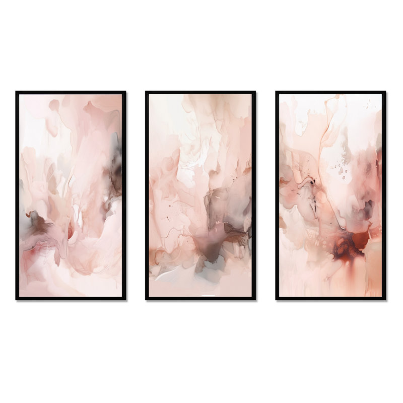 3 pièces sur toile - marbre délicat abstrait rose, H 40 po x l 60 po, Cadre flottant noir