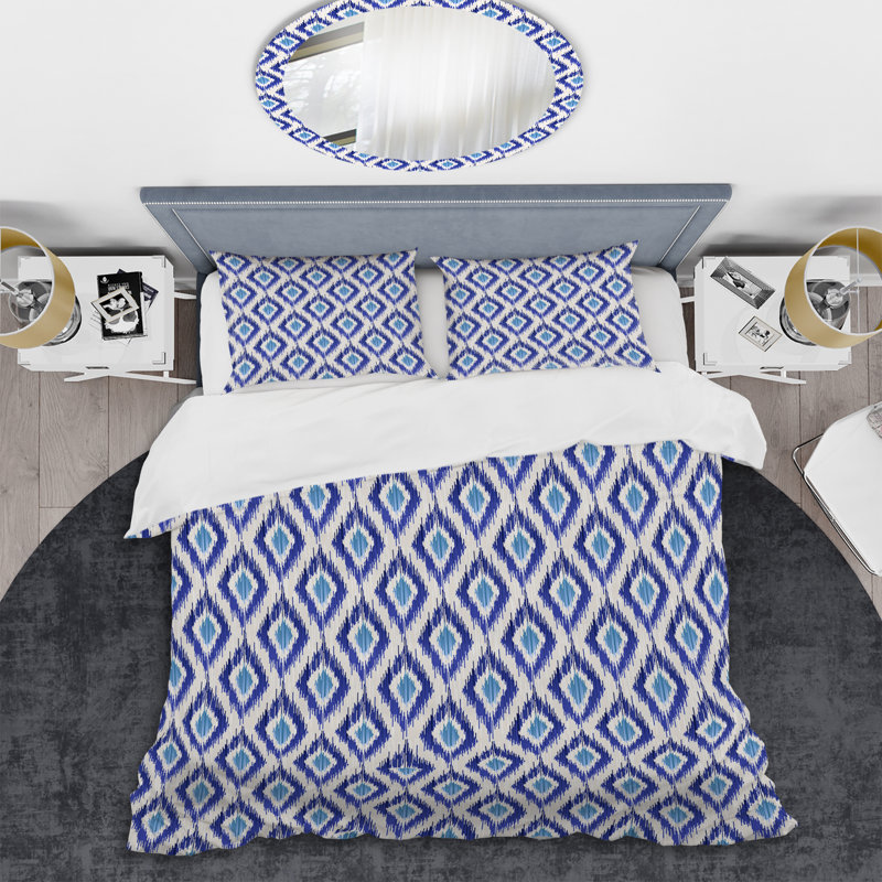 Motif ikat bleu - ensemble de housse de couette abstrait - microfibre de polyester