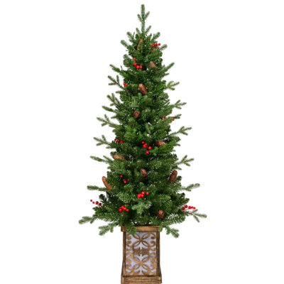 Arbre de Noël 4 pi avec base scintillante, 100 multicolores, 396 pe / embouts, baies rouges et pin pour un décor festif, lumières DEL colorées de 48 po, baies et pot décoratif