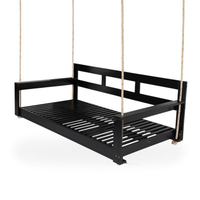Patio Wooden Twin Size Porch Swing Daybed Frame, Garden Swing Bench Chair With 4 Hanging Ropes For Backyard,Outdoor,Black