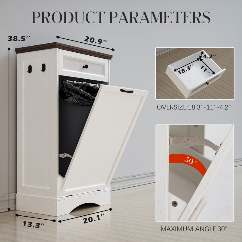 Wood Handle Tilt Out Trash Can - 10 Gallons, White/Brown
