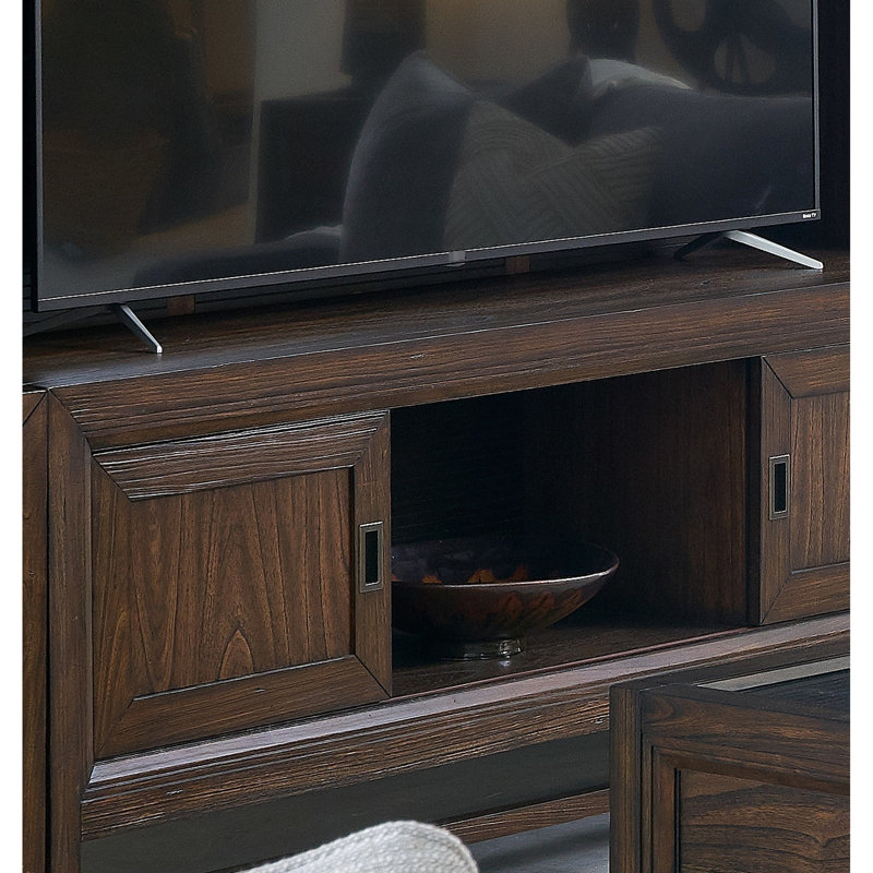 Support 85 po télé 74 po, finition rustique avec gestion des câbles en pin massif et placages, aspect