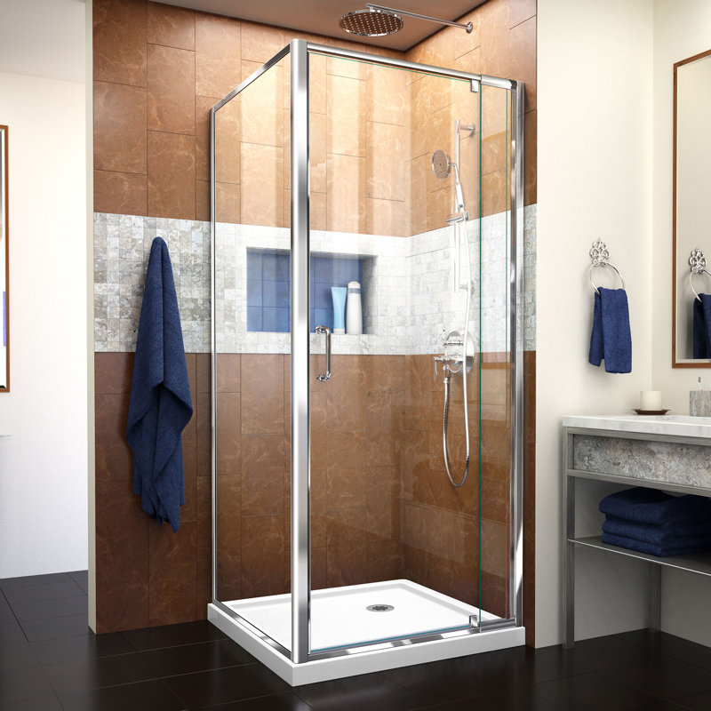 Cabine de douche carrée demi-cadre avec porte-serviettes et base Flex incluse l 36 po x P 36 po x H 74,75 po, Chrome, Blanc