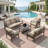 5-Piece Metal Patio Furniture Set, 7-Seat All-Weather Conversation Sofa With 4 Inches Thick Beige Cushions, Khaki Frame, Coffee Table For Porch Backyard Garden-129691627-129691628-129691630