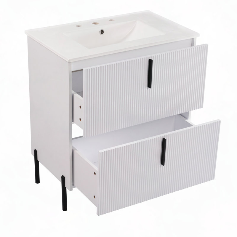30" Bathroom Vanity with Ceramic Sink & Full-Extension Drawers | Soft-Close Undermount Slides, Fluted Design,White, White