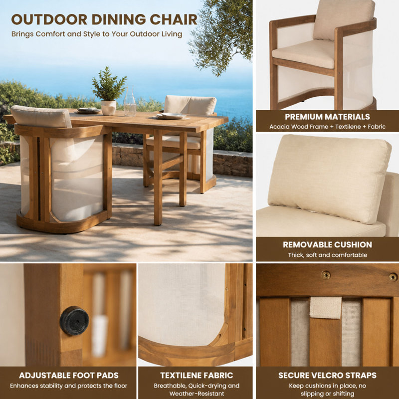 Fauteuil de salle à manger moderne Rhea en bois d'acacia naturel avec panneaux en maille d'extérieur et coussin amovible