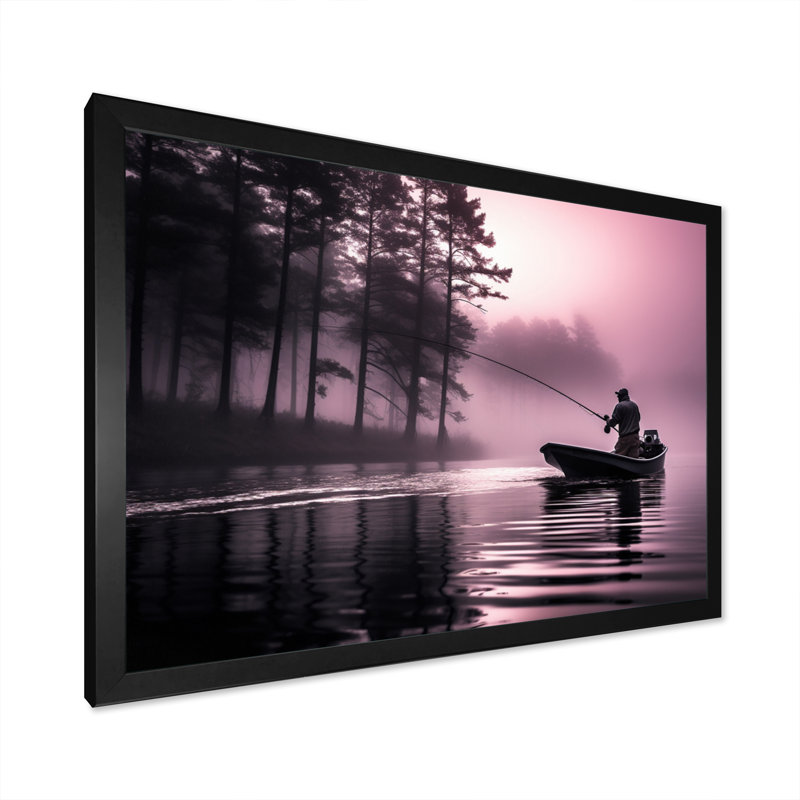 Fishing At The Lake I - Fishing Framed Canvas Print Hunting Wall Art, 12" H x 20" W x 1" D, Black Single Picture Framed