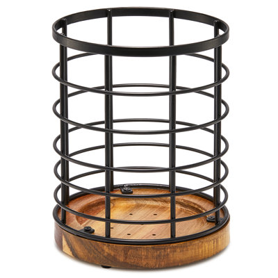 Porte-ustensiles pour comptoir de cuisine, porte-ustensiles de cuisine en fil noir avec base en bois, grand porte-ustensiles de cuisine en bois, organisateur d'ustensiles de cuisine.