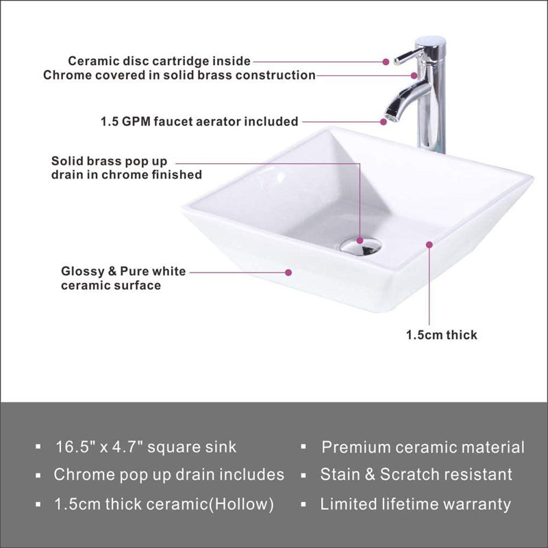 16,5 "Lavabo vasque carré en porcelaine blanche pour meuble-lavabo
