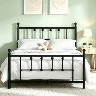 Queen 14 Inch Victorian Vintage Metal Platform Bed Frame, Headboard Footboard, Underbed Storage, Black - No Box Spring Needed