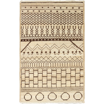 Tapis unique en laine noué à la main beige et brun 3 pi 9 po x 5 pi 9 po style années 2010 Mogul